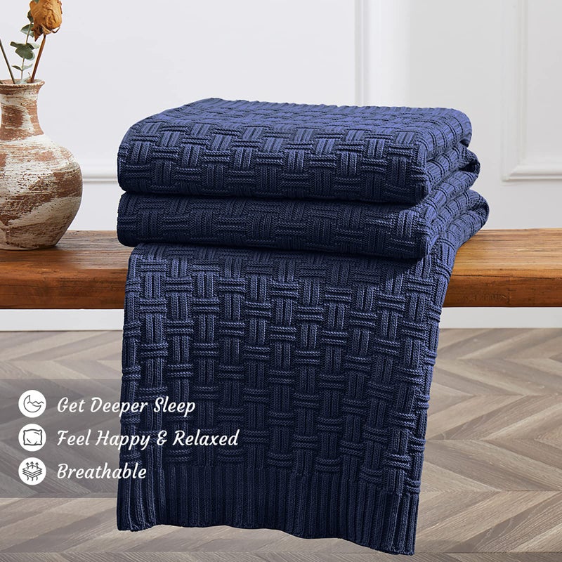 TREELY 100% Cotton Knitted Throw Blanket Couch Cover Blanket(60 x 80 Inches, Navy Blue) - Image 3